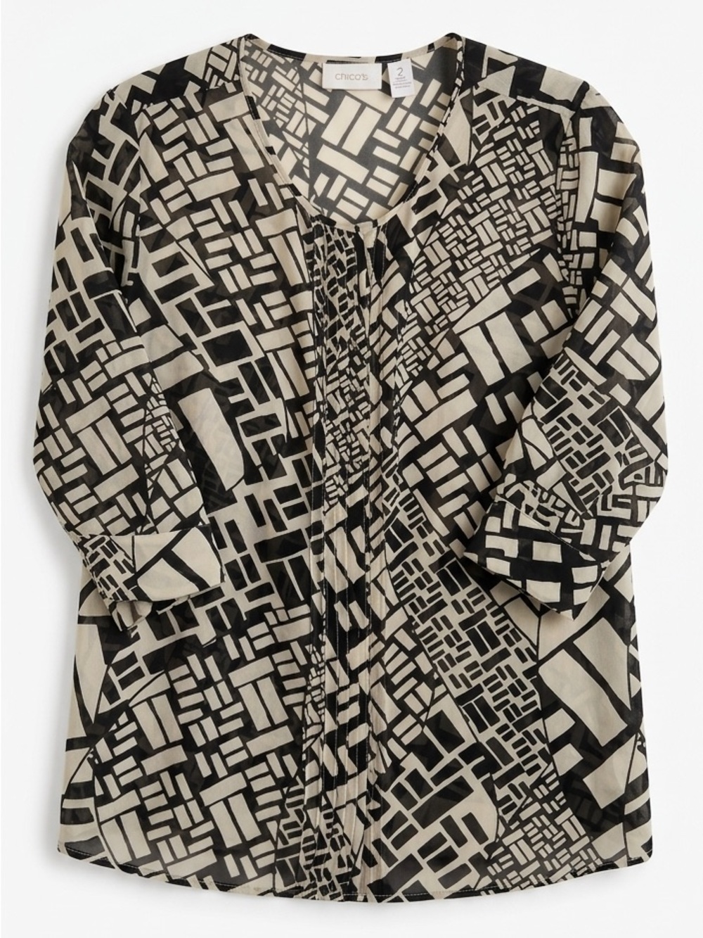 Chico's Black & Cream Geometric Abstract Print Sheer Blouse - Size 2 (L)